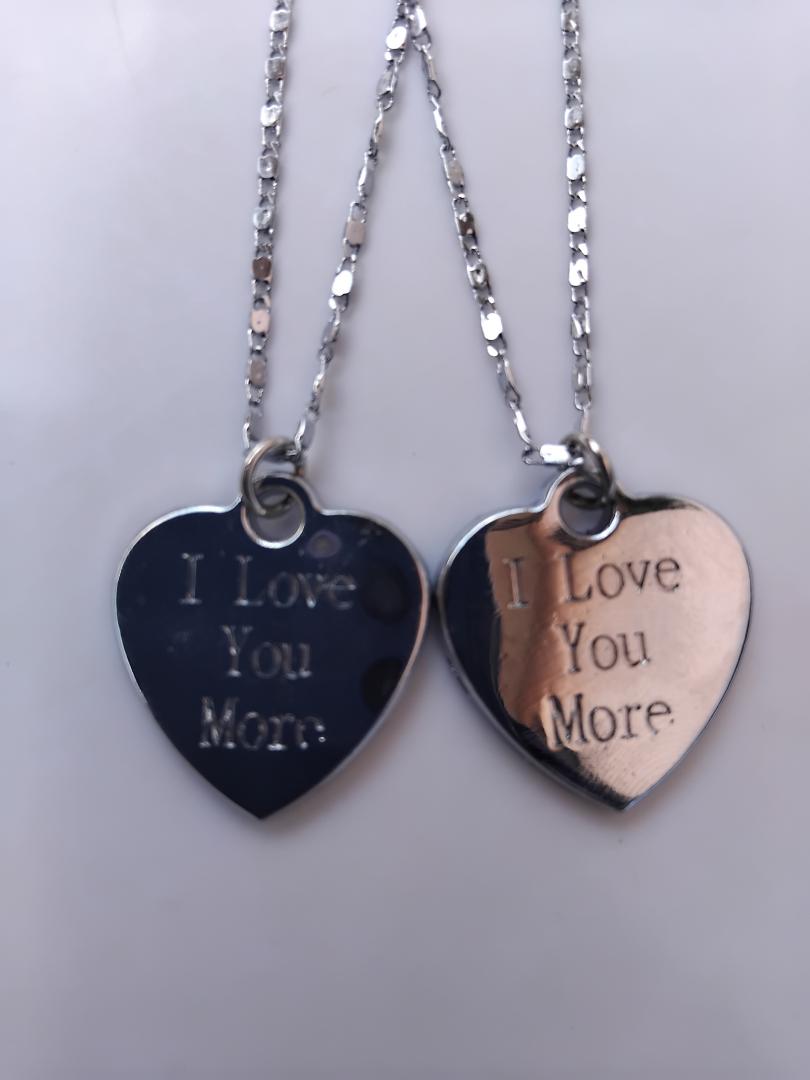 "Love You Couple Necklace Set - Silver Non-Tarnish Stainless Steel Chains with 'Love You More' Pendant - Durable & Stylish His and Hers Necklace Set for Couples"