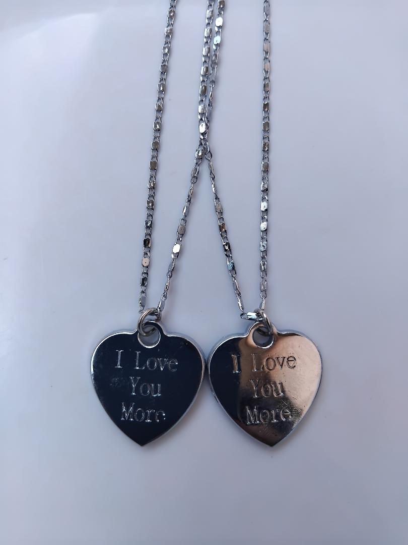 "Love You Couple Necklace Set - Silver Non-Tarnish Stainless Steel Chains with 'Love You More' Pendant - Durable & Stylish His and Hers Necklace Set for Couples"