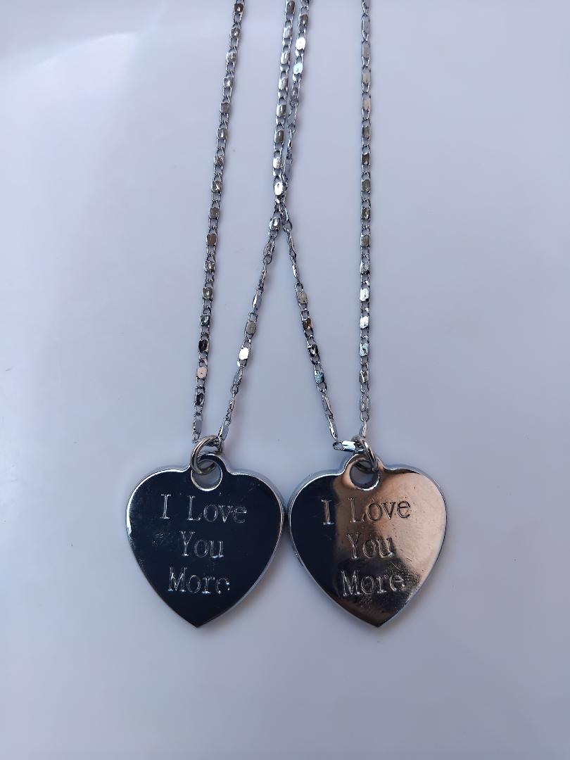 "Love You Couple Necklace Set - Silver Non-Tarnish Stainless Steel Chains with 'Love You More' Pendant - Durable & Stylish His and Hers Necklace Set for Couples"
