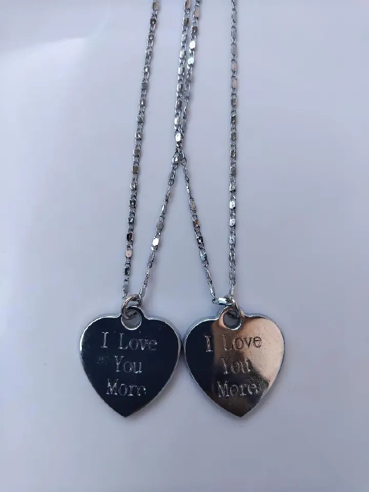 "Love You Couple Necklace Set - Silver Non-Tarnish Stainless Steel Chains with 'Love You More' Pendant - Durable & Stylish His and Hers Necklace Set for Couples"
