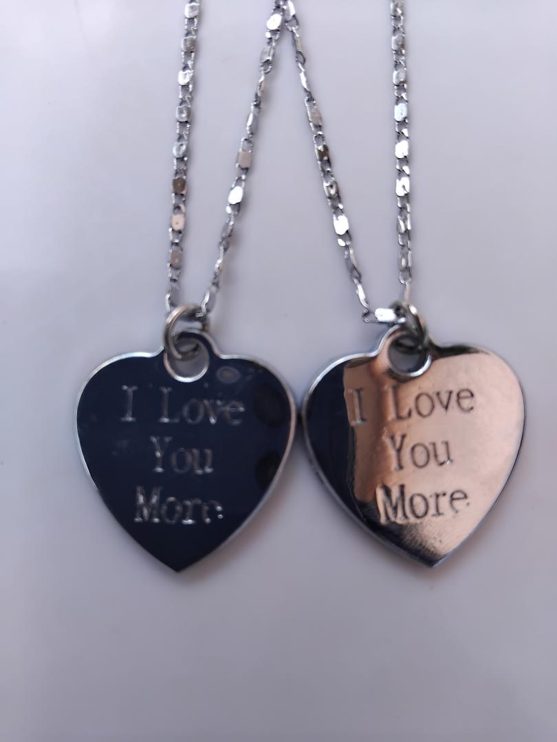 "Love You Couple Necklace Set - Silver Non-Tarnish Stainless Steel Chains with 'Love You More' Pendant - Durable & Stylish His and Hers Necklace Set for Couples"