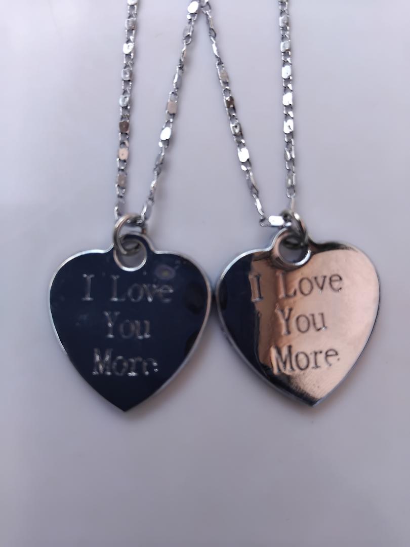 "Love You Couple Necklace Set - Silver Non-Tarnish Stainless Steel Chains with 'Love You More' Pendant - Durable & Stylish His and Hers Necklace Set for Couples"