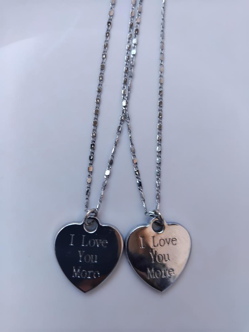 "Love You Couple Necklace Set - Silver Non-Tarnish Stainless Steel Chains with 'Love You More' Pendant - Durable & Stylish His and Hers Necklace Set for Couples"