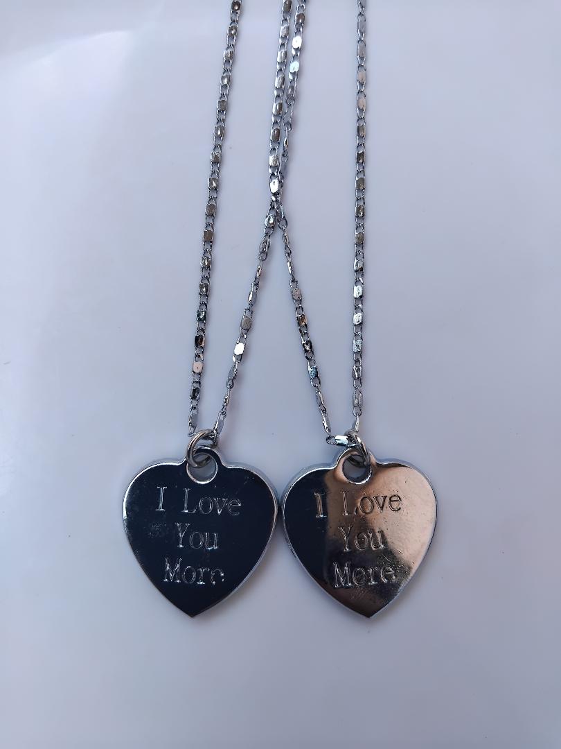 "Love You Couple Necklace Set - Silver Non-Tarnish Stainless Steel Chains with 'Love You More' Pendant - Durable & Stylish His and Hers Necklace Set for Couples"