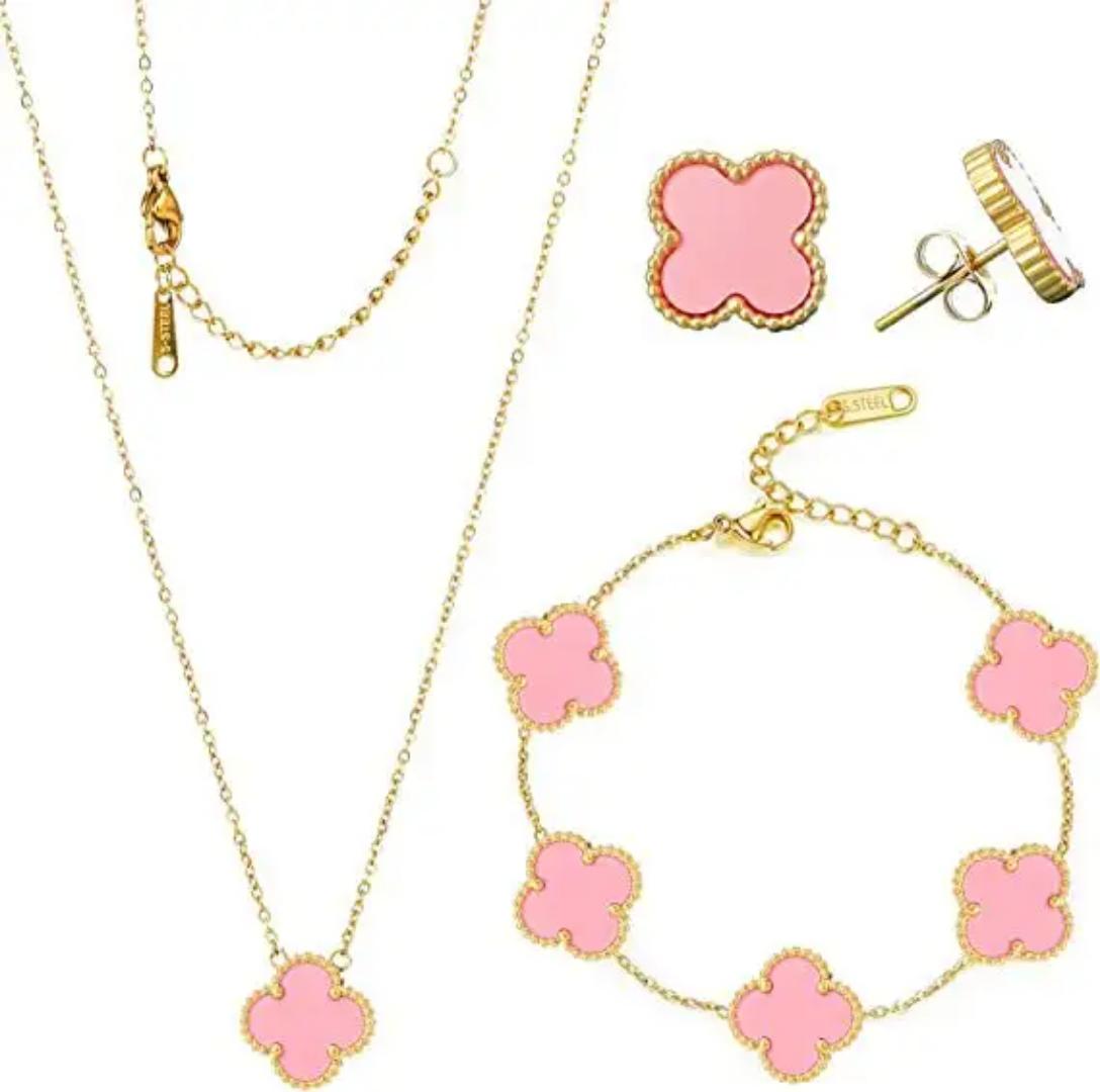 Vancleef 4-Piece Fashion Jewelry Set: Pendant Necklace, Pendant Bracelet, and Stud Earrings - Hypoallergenic, Gold-Coated, Stainless Steel, Non-Tarnish, Stylish Jewelry for Any Occasion.