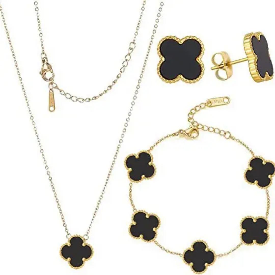 Vancleef 4-Piece Fashion Jewelry Set: Pendant Necklace, Pendant Bracelet, and Stud Earrings - Hypoallergenic, Gold-Coated, Stainless Steel, Non-Tarnish, Stylish Jewelry for Any Occasion.