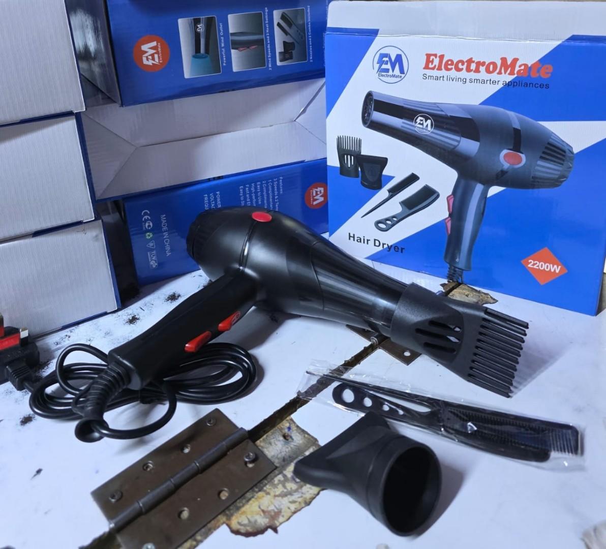 ElectroMate Blow Dryer Hair Blower 2200W with 3 Speed & 2 Temperature Settings – Includes 2 Styling Nozzle & 2 Comb Attachments for Versatile Hair Styling