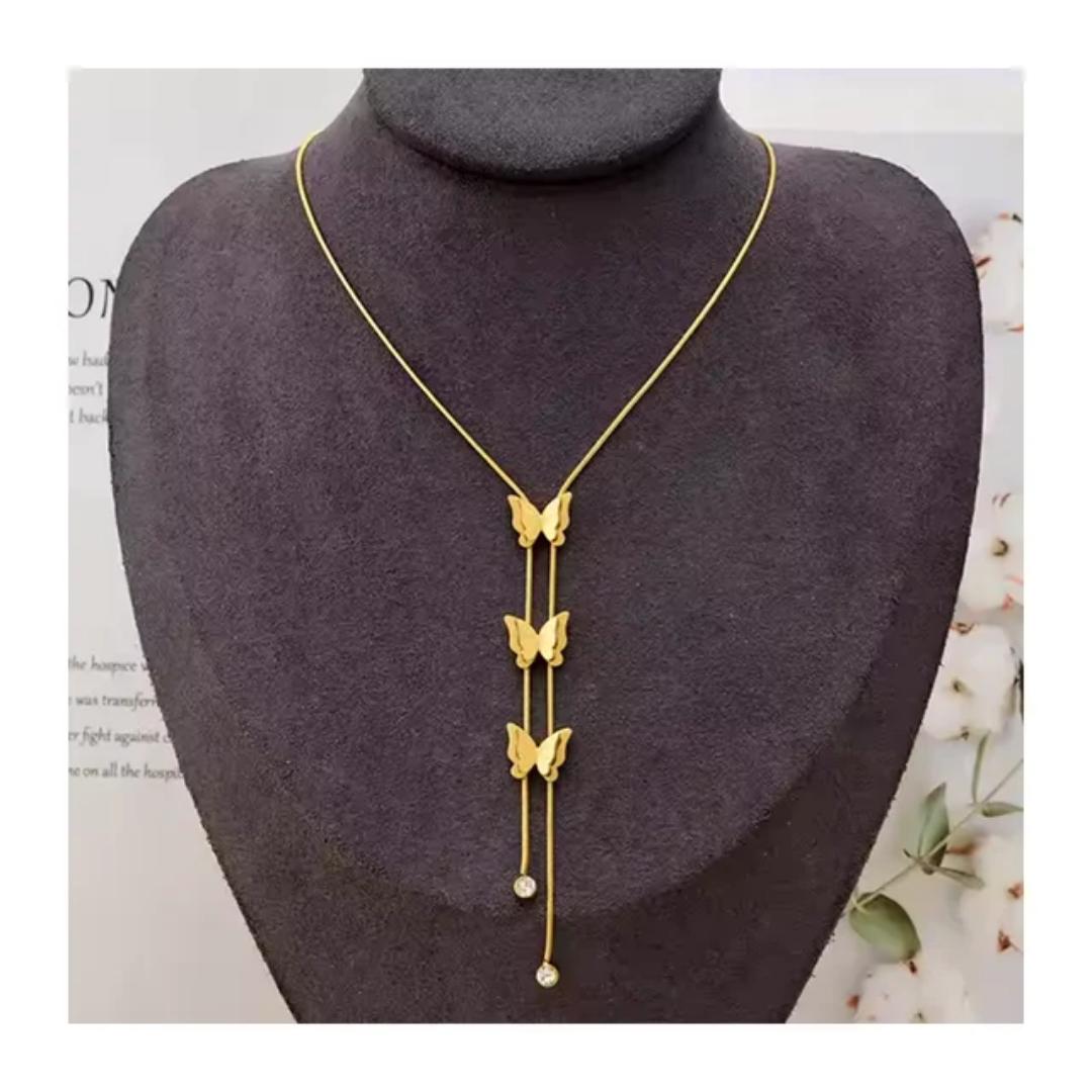 Stainless steel Hypoallergenic Non tarnish 3 pedant butterfly gold necklace for ladies,  fashion necklace,  cute, for all occasions and everyday wear