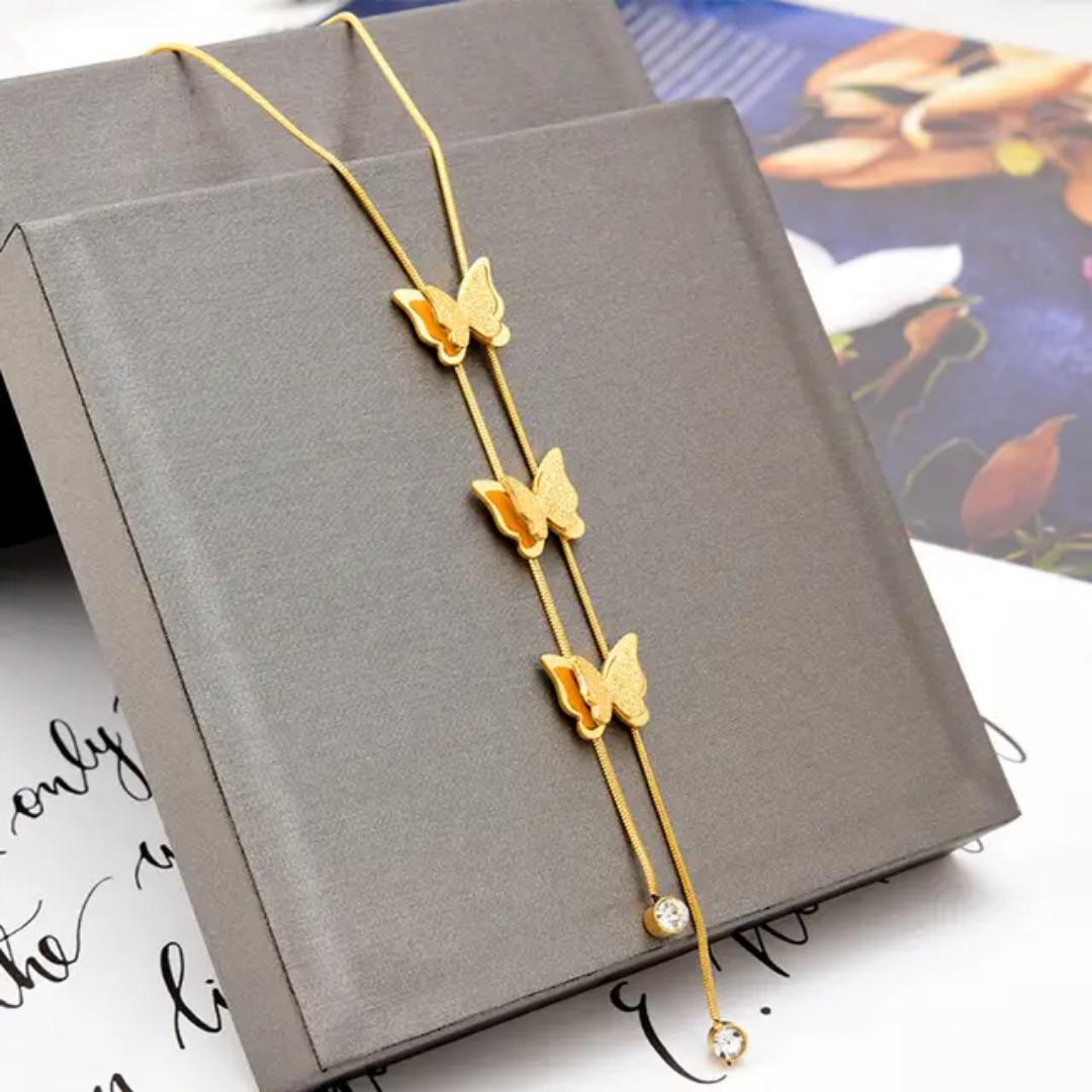 Stainless steel Hypoallergenic Non tarnish 3 pedant butterfly gold necklace for ladies,  fashion necklace,  cute, for all occasions and everyday wear