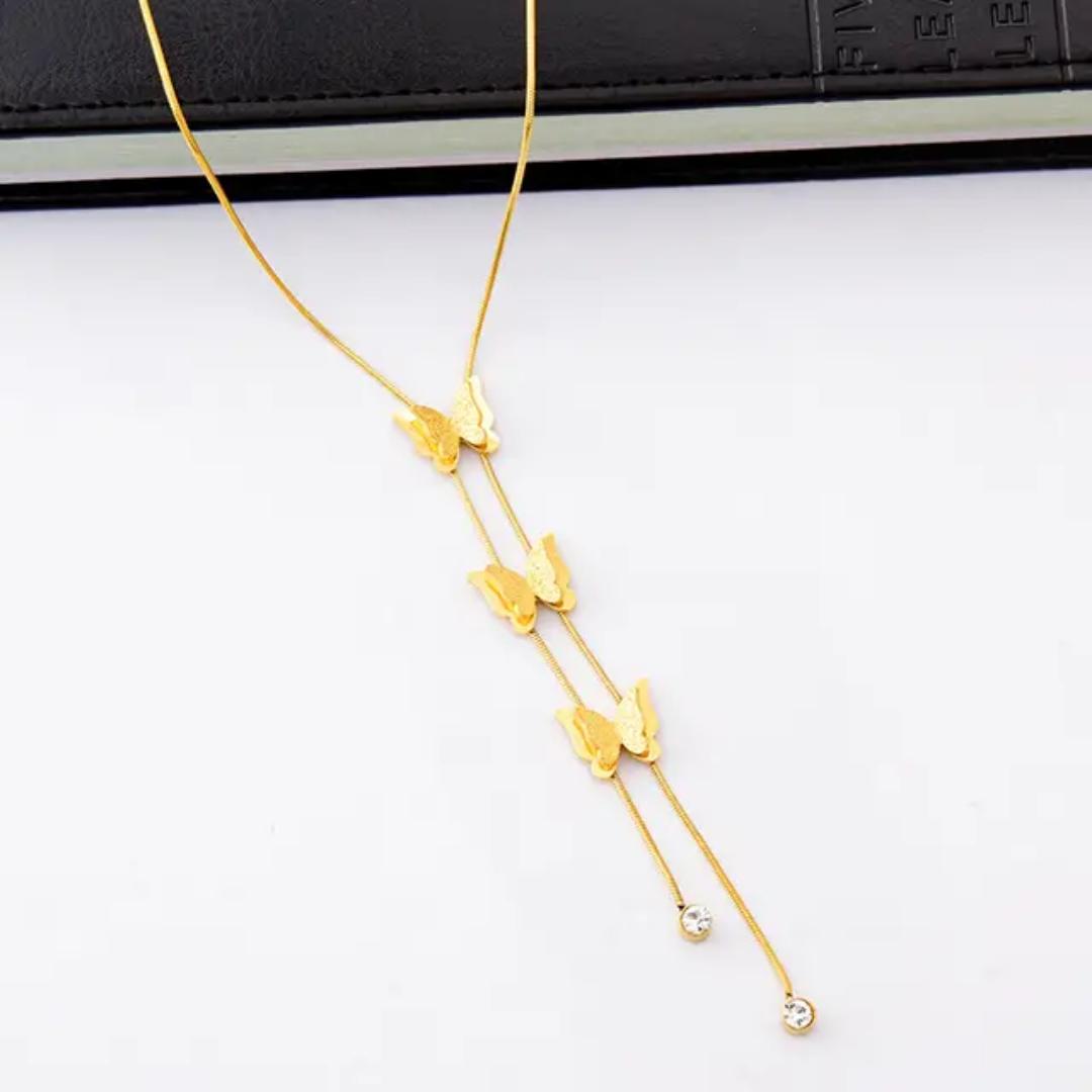 Stainless steel Hypoallergenic Non tarnish 3 pedant butterfly gold necklace for ladies,  fashion necklace,  cute, for all occasions and everyday wear