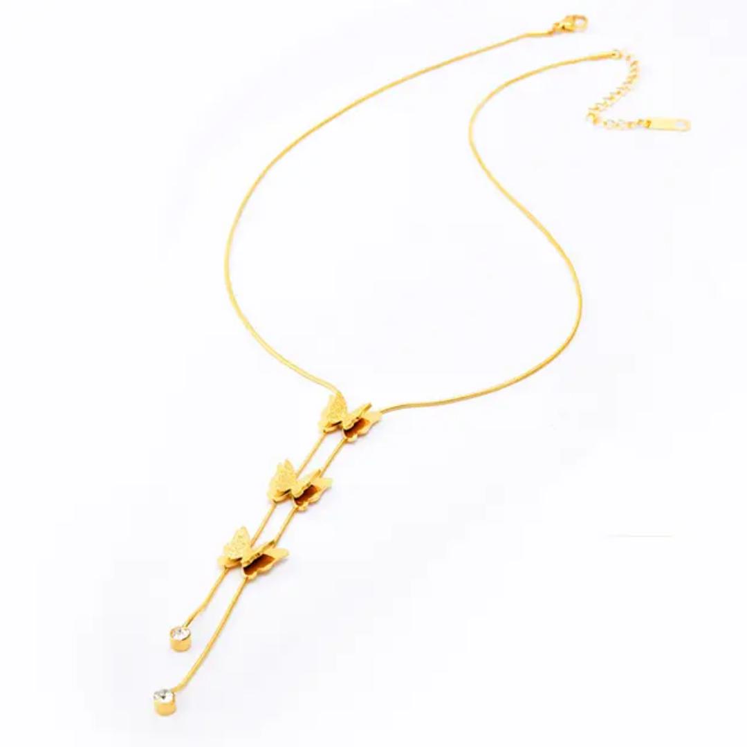 Stainless steel Hypoallergenic Non tarnish 3 pedant butterfly gold necklace for ladies,  fashion necklace,  cute, for all occasions and everyday wear