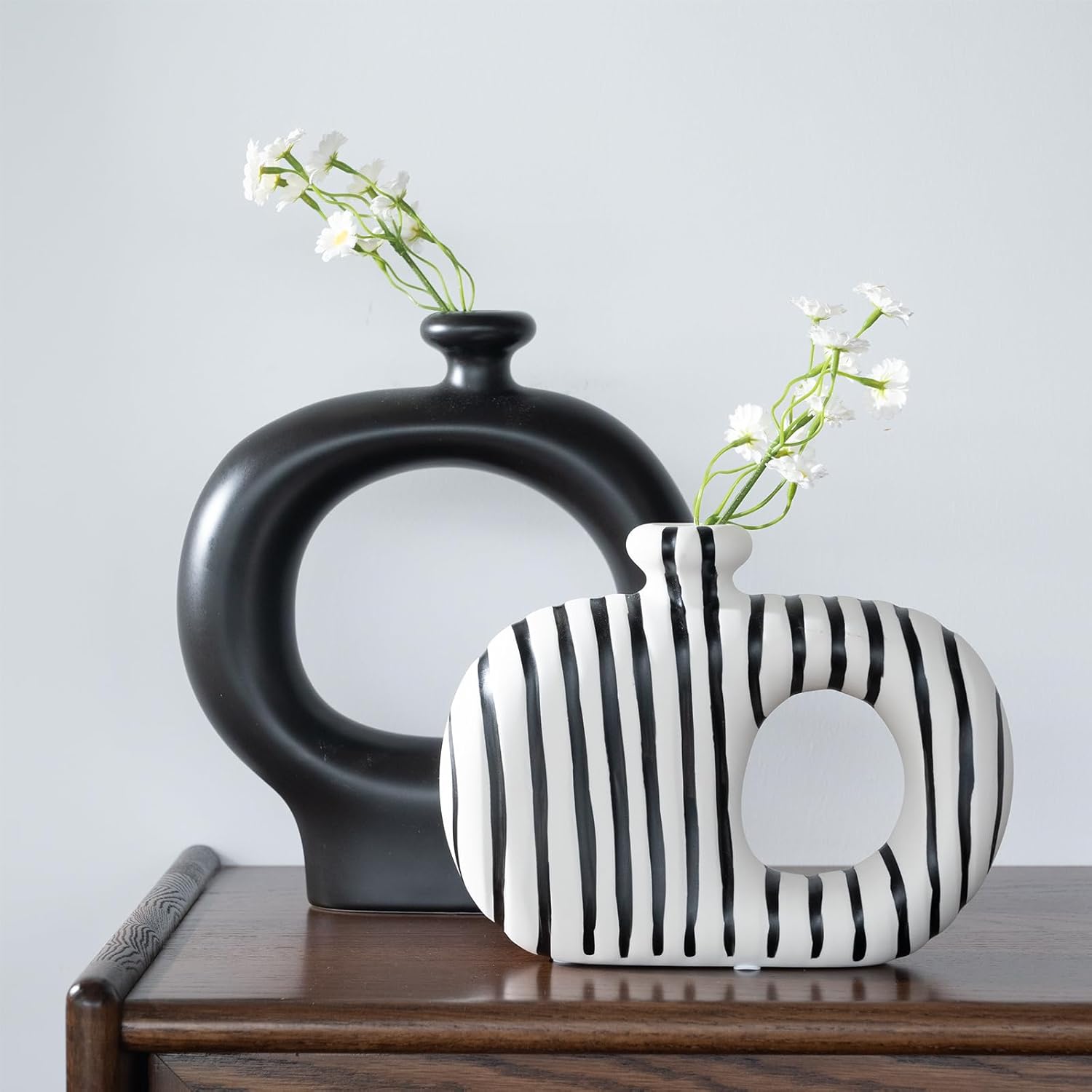 Donut Vases Set of 2,Black & White Striped Hollow Ceramic Flower Vases,Modern Nordic