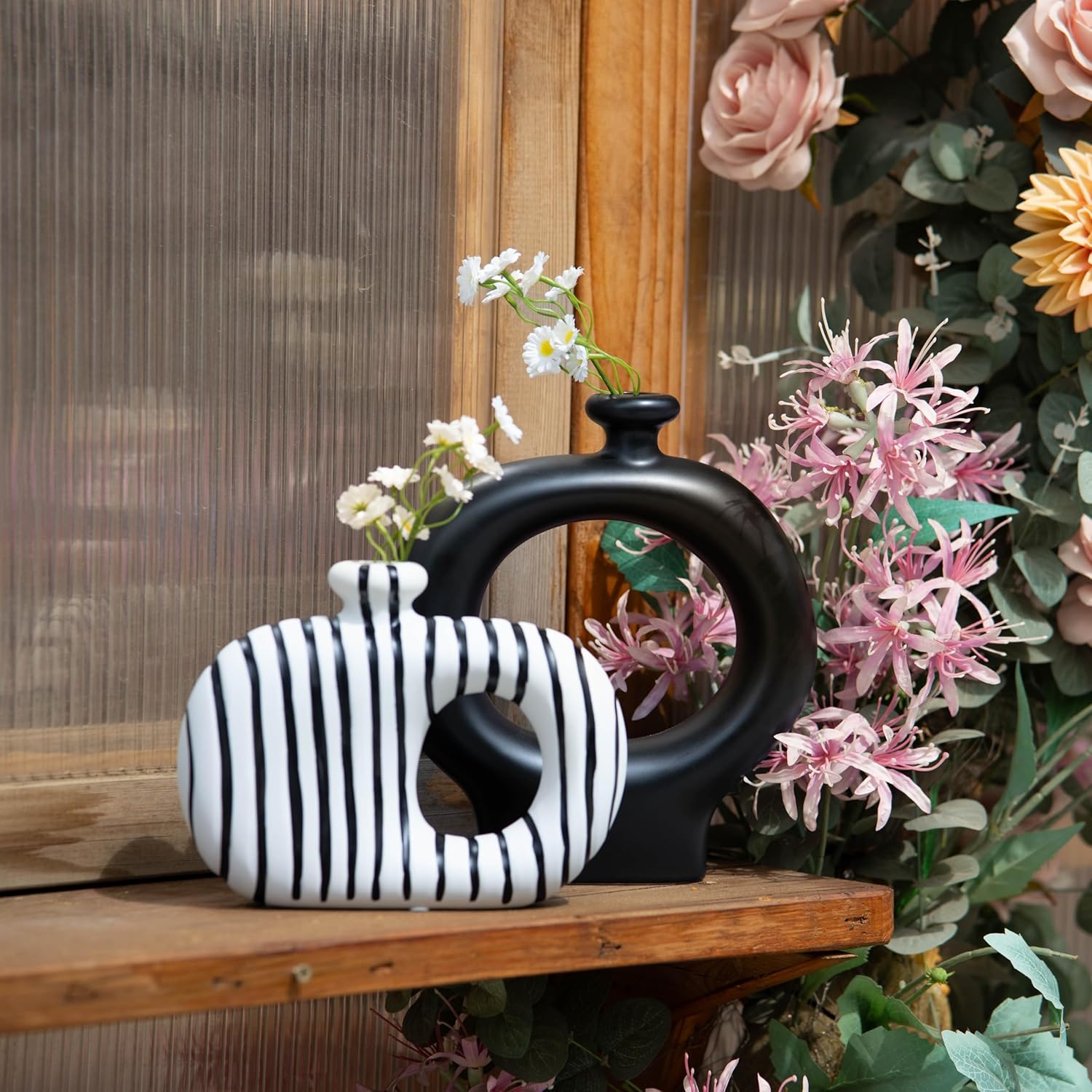 Donut Vases Set of 2,Black & White Striped Hollow Ceramic Flower Vases,Modern Nordic