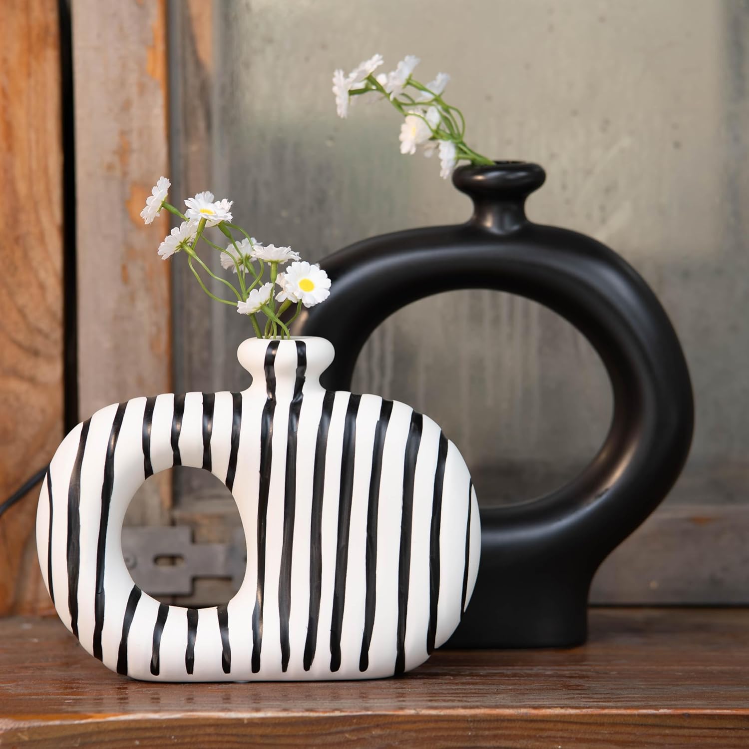 Donut Vases Set of 2,Black & White Striped Hollow Ceramic Flower Vases,Modern Nordic