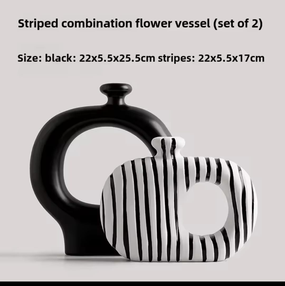 Donut Vases Set of 2,Black & White Striped Hollow Ceramic Flower Vases,Modern Nordic