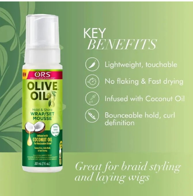 ORS Olive Oil Hold & Shine Wrap/Set Mousse with Coconut Oil Tames Frizz, twists and defines curls