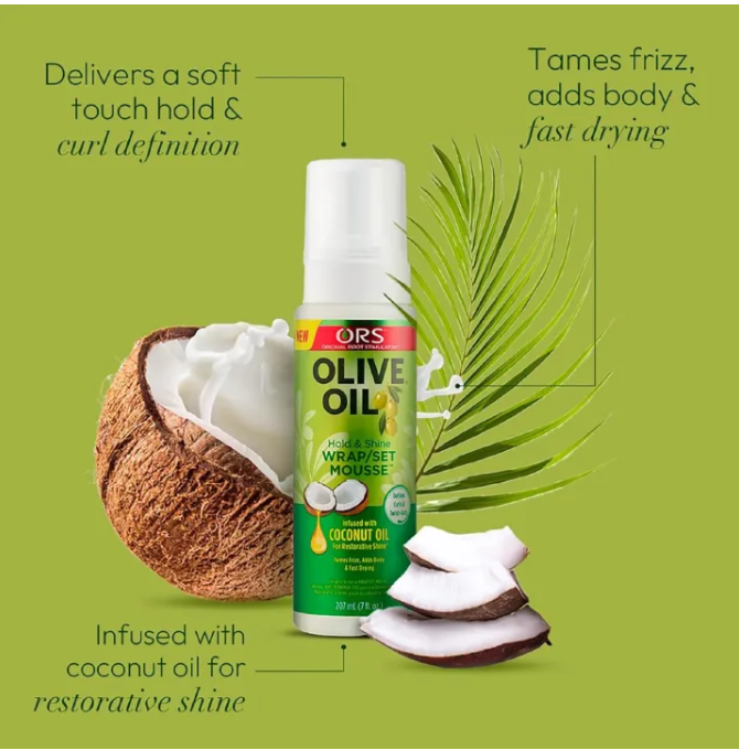 ORS Olive Oil Hold & Shine Wrap/Set Mousse with Coconut Oil Tames Frizz, twists and defines curls