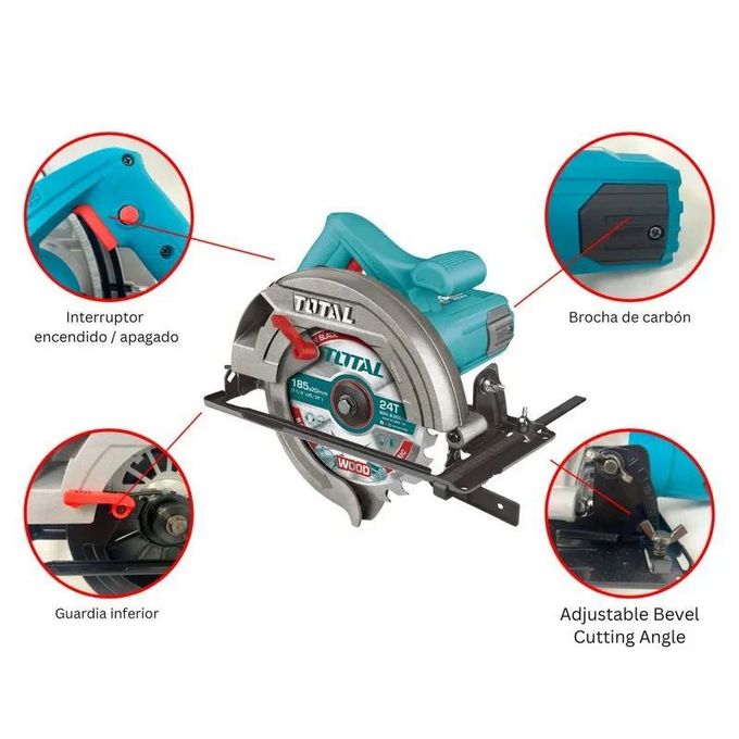 TOTAL 1600W Circular Saw, Heavy Duty Wood Cutting Tool Witha Long Electrical Cord, Powerful Motor, 185mm Blade Diameter,Vacuum Cleaner Adaptor, Aluminium Guard