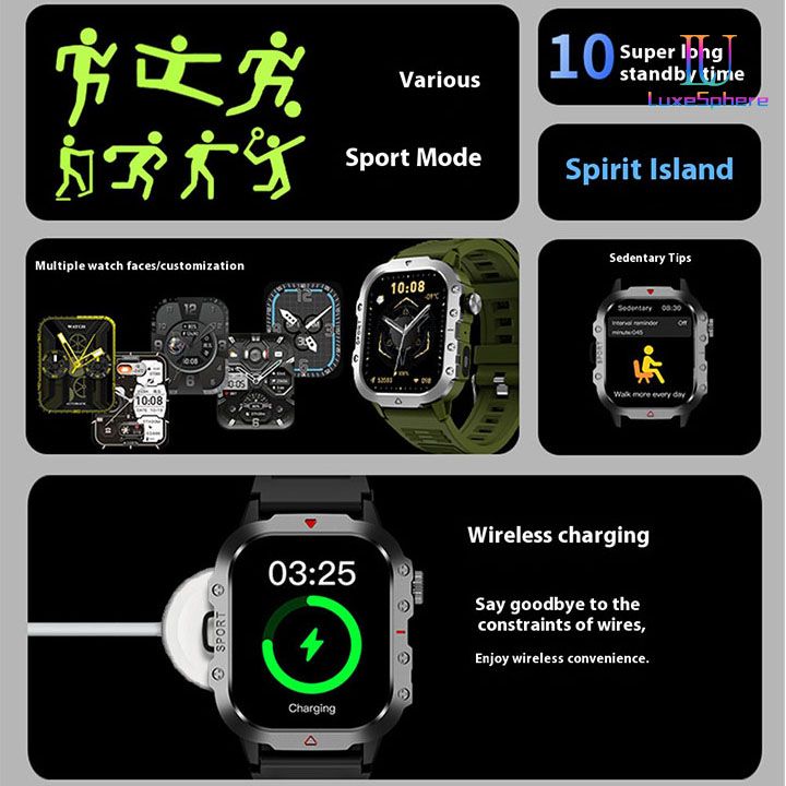 2025 Smartwatch Outdoor Sports Bluetooth Call Smartwatch 2.01 Inch HD Display Screen Blood Heart Rate Blood Pressure Oxygen Bluetooth Talking Watches Multi Sport LED Flashlight Military Smart Watch