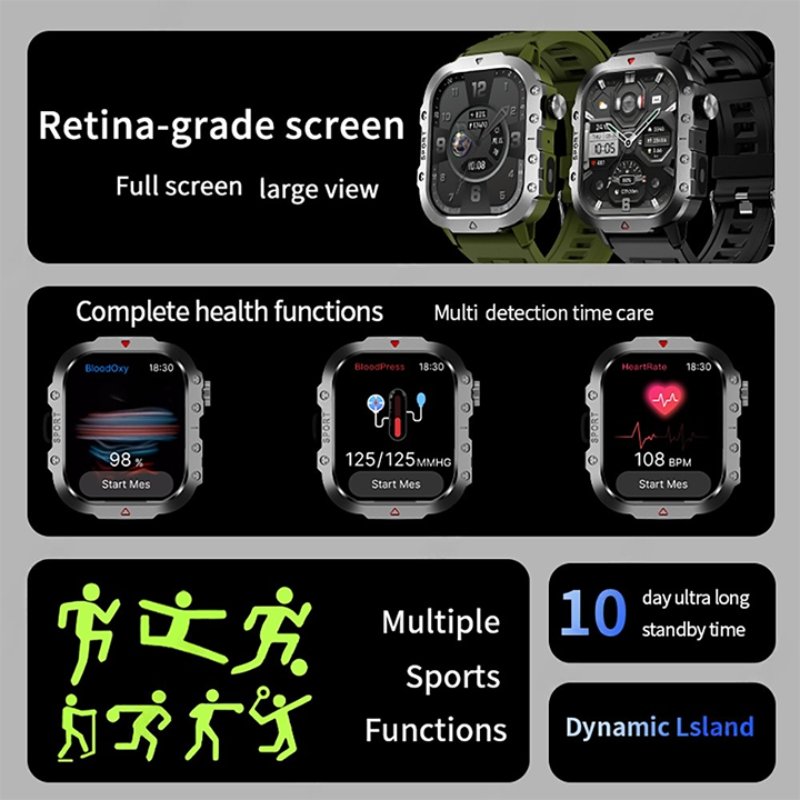 2025 Smartwatch Outdoor Sports Bluetooth Call Smartwatch 2.01 Inch HD Display Screen Blood Heart Rate Blood Pressure Oxygen Bluetooth Talking Watches Multi Sport LED Flashlight Military Smart Watch