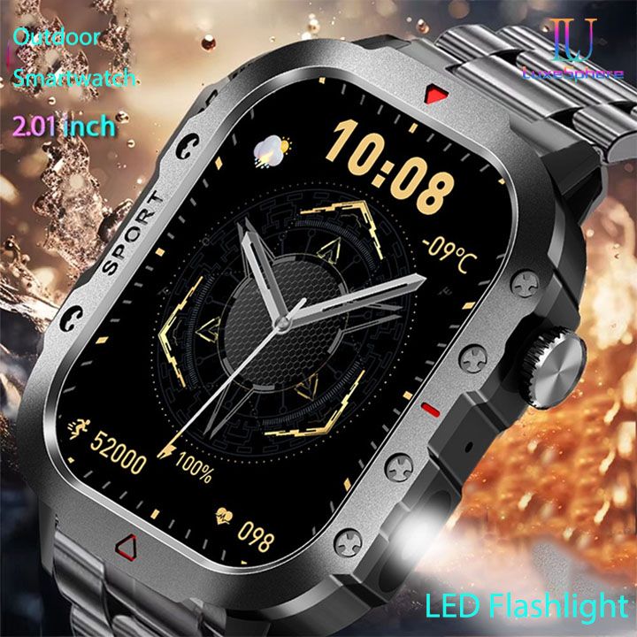 2025 Smartwatch Outdoor Sports Bluetooth Call Smartwatch 2.01 Inch HD Display Screen Blood Heart Rate Blood Pressure Oxygen Bluetooth Talking Watches Multi Sport LED Flashlight Military Smart Watch