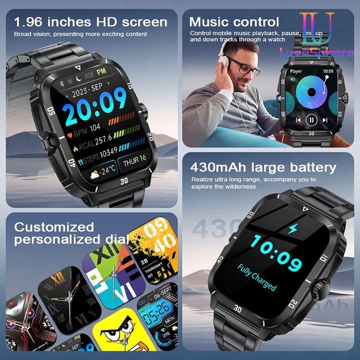 New Arrivals Smart Watch Men Bluetooth Call Wireless Wristwatch 1.96 Screen Smartwatch 100+Sport Waterproof Smartwatch Fitness Bracelet Heart Rate Blood Pressure Monitor Tracker Sports Smartwatch