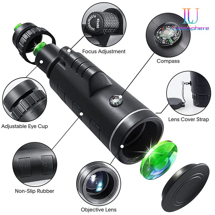 New Arrivals 40X60 HD Professional Telescope Monocular Compass Night Powerful Binoculars Waterproof Mini Pocket Zoom with Smartphone Hunting Camping Outdoor Watching Travelling