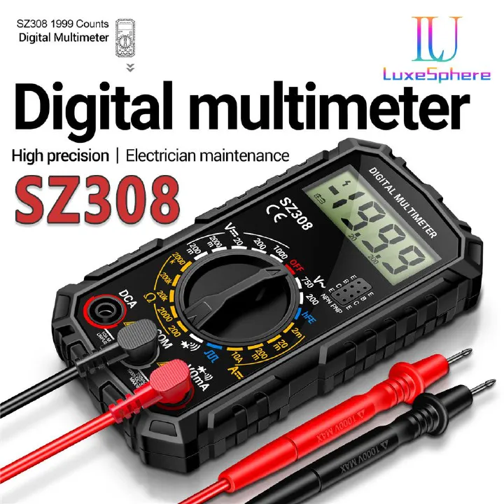 SZ308 Square Wave Digital Tester 1999 Counts HFE Triode Buzzer Multimeter AC/DC Voltage 10A Current Multimeters Meter Tool