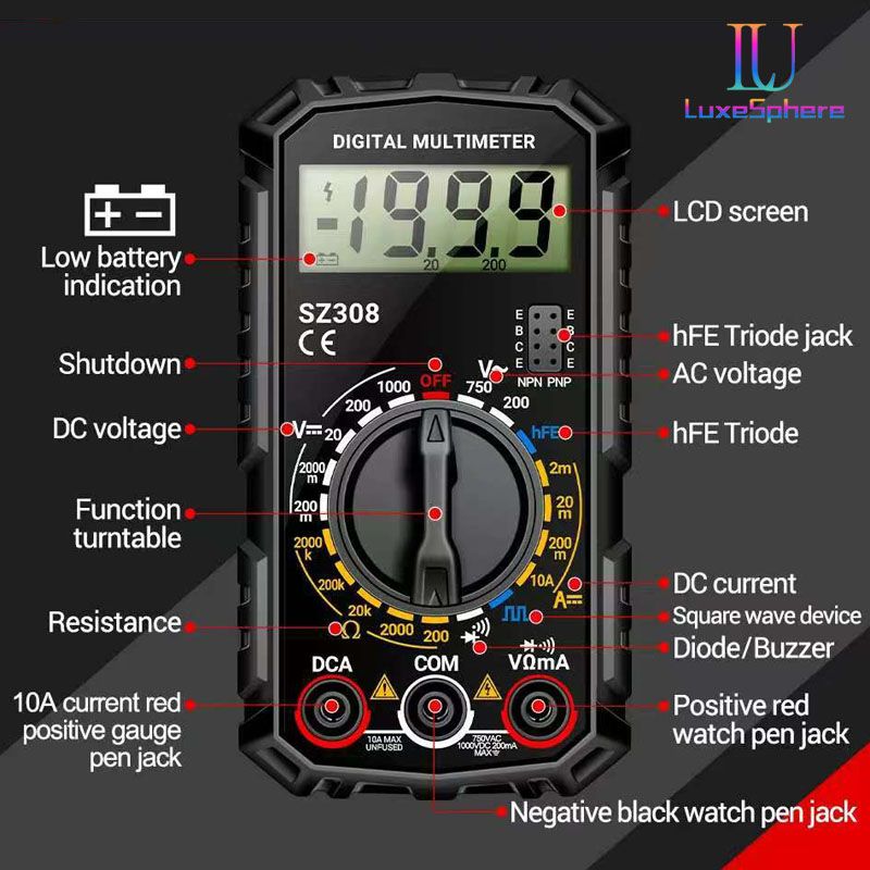 SZ308 Square Wave Digital Tester 1999 Counts HFE Triode Buzzer Multimeter AC/DC Voltage 10A Current Multimeters Meter Tool