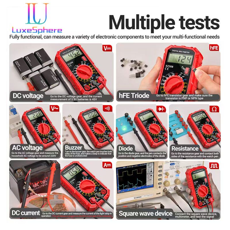 SZ308 Square Wave Digital Tester 1999 Counts HFE Triode Buzzer Multimeter AC/DC Voltage 10A Current Multimeters Meter Tool