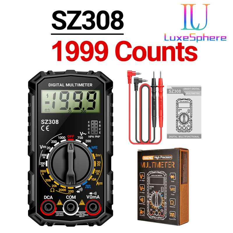 SZ308 Square Wave Digital Tester 1999 Counts HFE Triode Buzzer Multimeter AC/DC Voltage 10A Current Multimeters Meter Tool