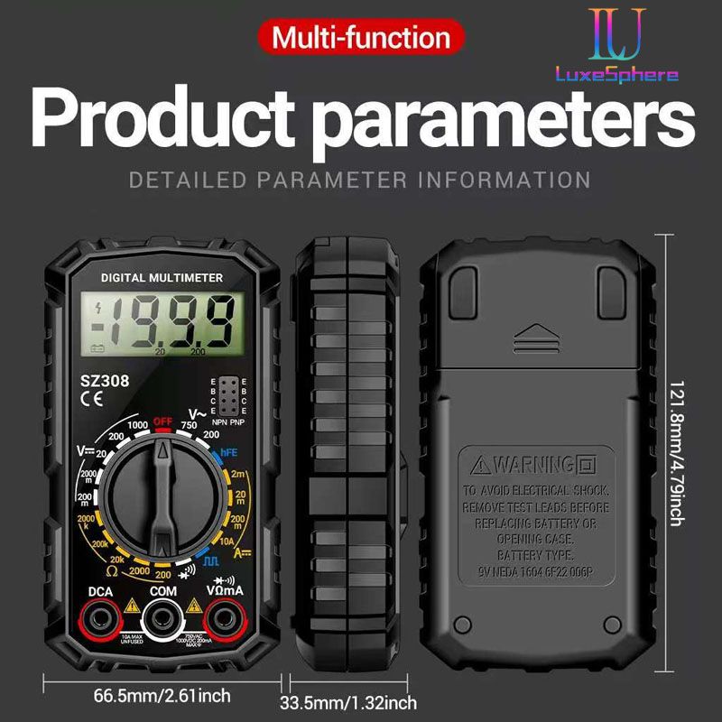 SZ308 Square Wave Digital Tester 1999 Counts HFE Triode Buzzer Multimeter AC/DC Voltage 10A Current Multimeters Meter Tool
