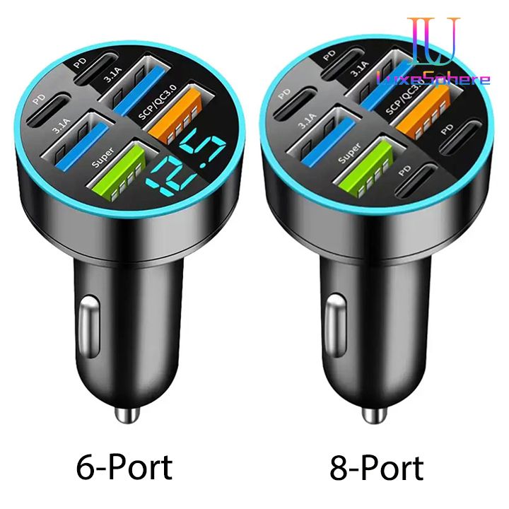 100W 6 / 8 Ports Car Charger Fast Charging USB C Car Phone Charger PD Type C Power Adapter Digital Display Compatible with All Devices USB Type C Car Lighter PD QC3.0 Car Phone Charger Tecno Huawei