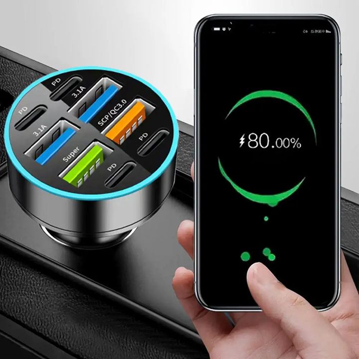 100W 6 / 8 Ports Car Charger Fast Charging USB C Car Phone Charger PD Type C Power Adapter Digital Display Compatible with All Devices USB Type C Car Lighter PD QC3.0 Car Phone Charger Tecno Huawei