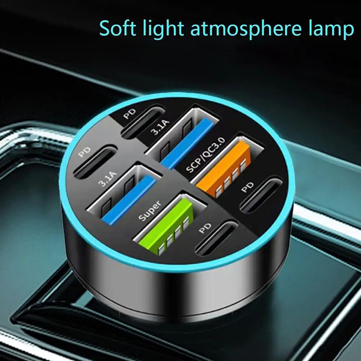 100W 6 / 8 Ports Car Charger Fast Charging USB C Car Phone Charger PD Type C Power Adapter Digital Display Compatible with All Devices USB Type C Car Lighter PD QC3.0 Car Phone Charger Tecno Huawei