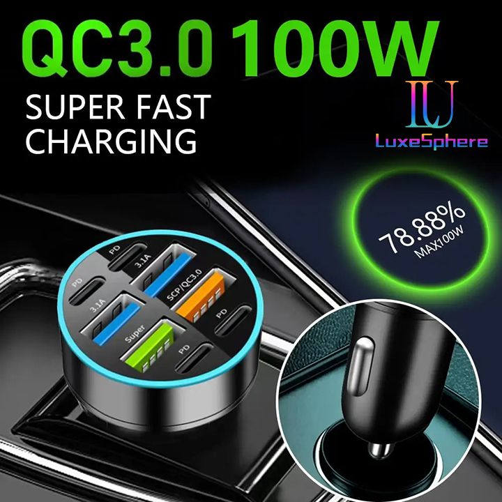 100W 6 / 8 Ports Car Charger Fast Charging USB C Car Phone Charger PD Type C Power Adapter Digital Display Compatible with All Devices USB Type C Car Lighter PD QC3.0 Car Phone Charger Tecno Huawei