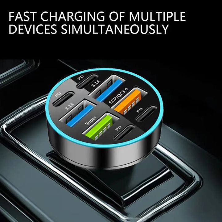 100W 6 / 8 Ports Car Charger Fast Charging USB C Car Phone Charger PD Type C Power Adapter Digital Display Compatible with All Devices USB Type C Car Lighter PD QC3.0 Car Phone Charger Tecno Huawei