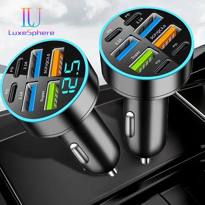 100W 6 / 8 Ports Car Charger Fast Charging USB C Car Phone Charger PD Type C Power Adapter Digital Display Compatible with All Devices USB Type C Car Lighter PD QC3.0 Car Phone Charger Tecno Huawei