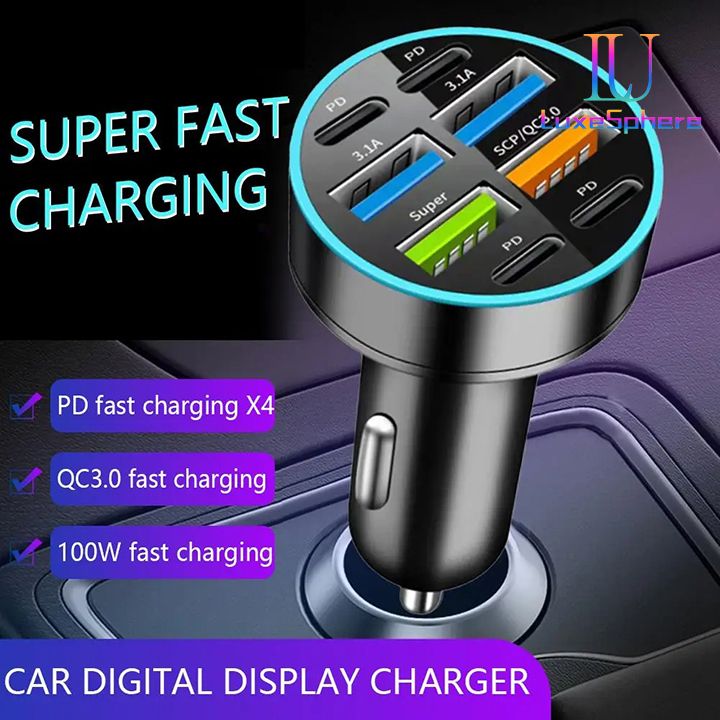 100W 6 / 8 Ports Car Charger Fast Charging USB C Car Phone Charger PD Type C Power Adapter Digital Display Compatible with All Devices USB Type C Car Lighter PD QC3.0 Car Phone Charger Tecno Huawei
