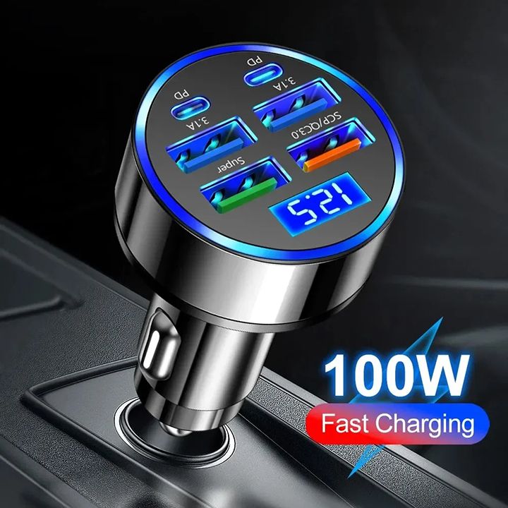 100W 6 / 8 Ports Car Charger Fast Charging USB C Car Phone Charger PD Type C Power Adapter Digital Display Compatible with All Devices USB Type C Car Lighter PD QC3.0 Car Phone Charger Tecno Huawei