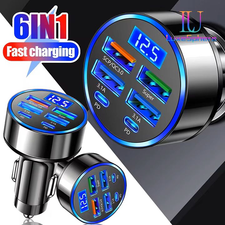 100W 6 / 8 Ports Car Charger Fast Charging USB C Car Phone Charger PD Type C Power Adapter Digital Display Compatible with All Devices USB Type C Car Lighter PD QC3.0 Car Phone Charger Tecno Huawei