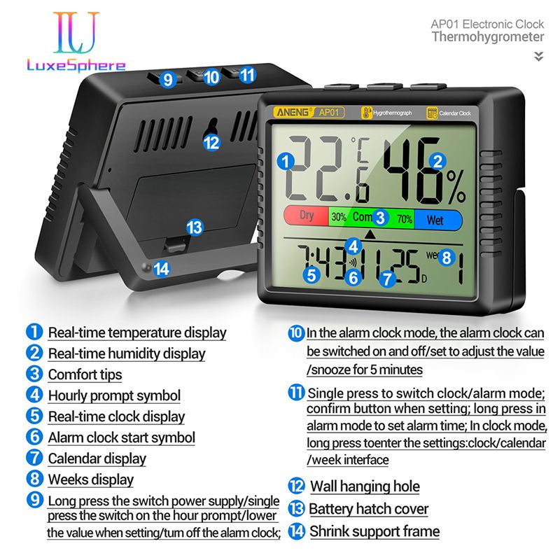 Large Screen LCD Digital Thermometer Hygrometer With Battery Indoor Room Temperature Humidity Meter Multi-function With Electronic Alarm Clock Time Date Weather Station For Home