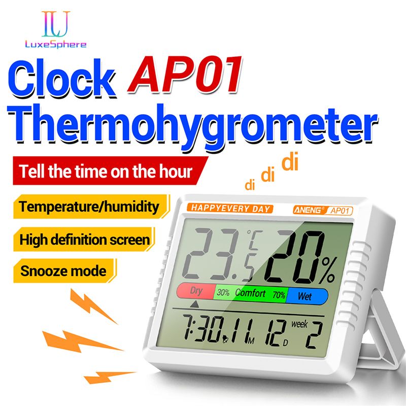 Large Screen LCD Digital Thermometer Hygrometer With Battery Indoor Room Temperature Humidity Meter Multi-function With Electronic Alarm Clock Time Date Weather Station For Home