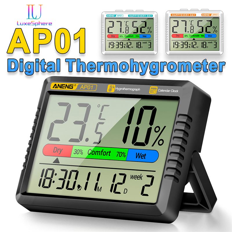 Large Screen LCD Digital Thermometer Hygrometer With Battery Indoor Room Temperature Humidity Meter Multi-function With Electronic Alarm Clock Time Date Weather Station For Home