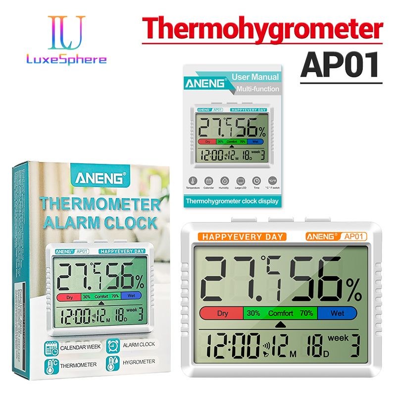Large Screen LCD Digital Thermometer Hygrometer With Battery Indoor Room Temperature Humidity Meter Multi-function With Electronic Alarm Clock Time Date Weather Station For Home
