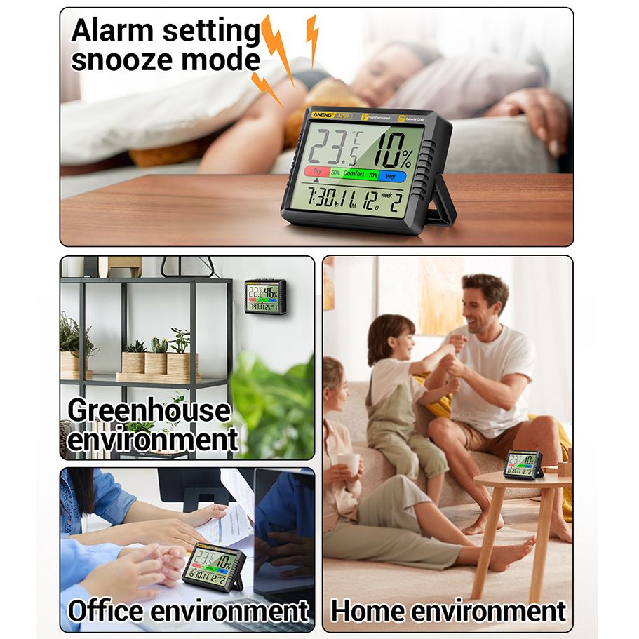 Large Screen LCD Digital Thermometer Hygrometer With Battery Indoor Room Temperature Humidity Meter Multi-function With Electronic Alarm Clock Time Date Weather Station For Home