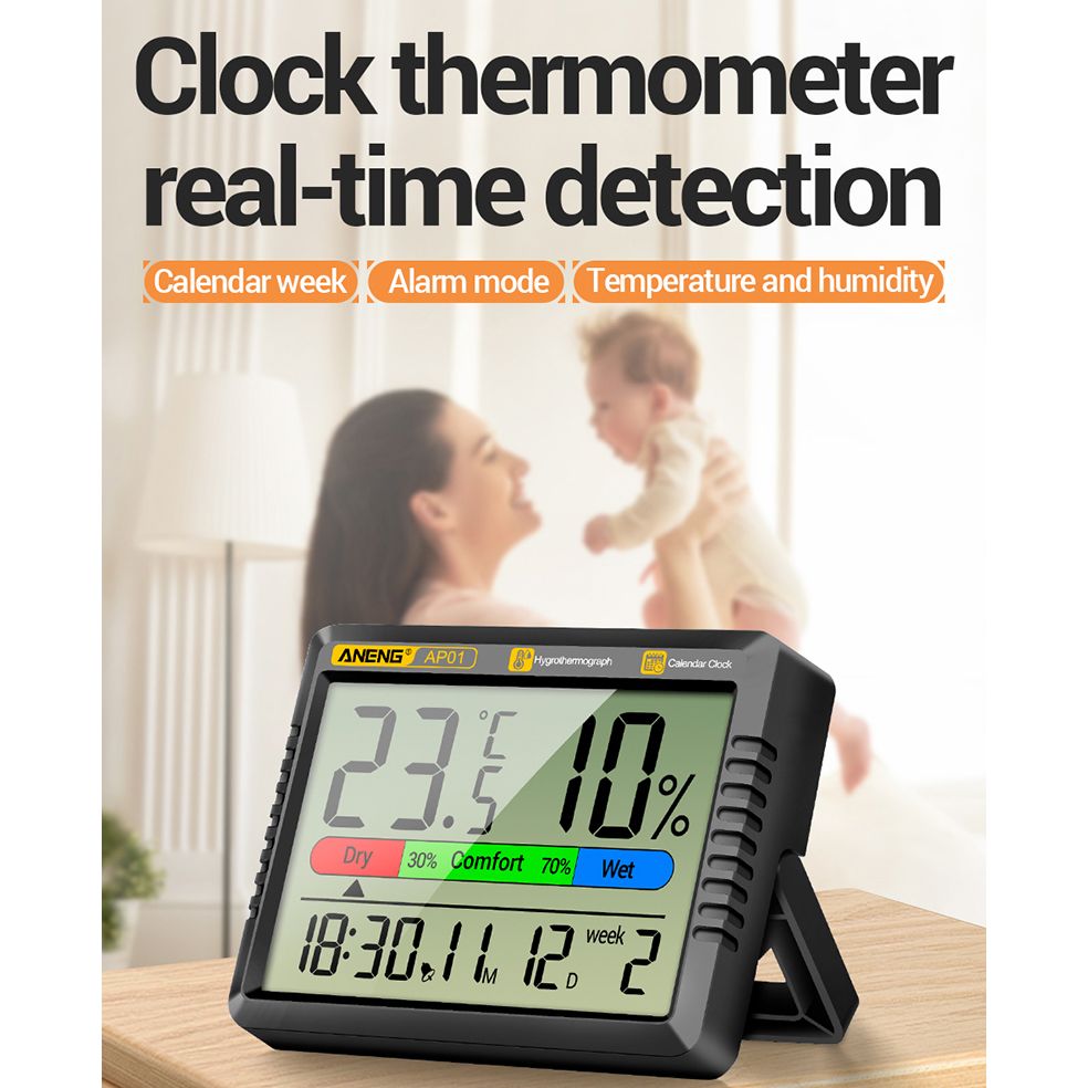 Large Screen LCD Digital Thermometer Hygrometer With Battery Indoor Room Temperature Humidity Meter Multi-function With Electronic Alarm Clock Time Date Weather Station For Home