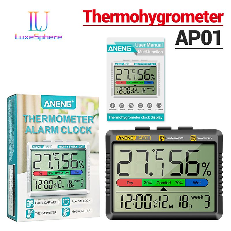Large Screen LCD Digital Thermometer Hygrometer With Battery Indoor Room Temperature Humidity Meter Multi-function With Electronic Alarm Clock Time Date Weather Station For Home