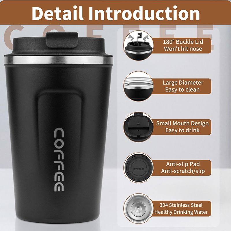 Stainless Steel Coffee Cup 380ml Vacuum Insulated Coffee Travel Mug, Leak proof Double Wall Stainless Steel Reusable Cup with Lid, Thermal Tumbler for Hot Cold Drinks, Flask Insulated Cup Water Bottle