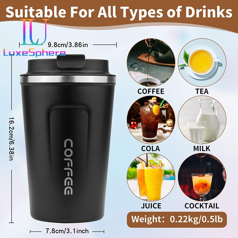 Stainless Steel Coffee Cup 380ml Vacuum Insulated Coffee Travel Mug, Leak proof Double Wall Stainless Steel Reusable Cup with Lid, Thermal Tumbler for Hot Cold Drinks, Flask Insulated Cup Water Bottle